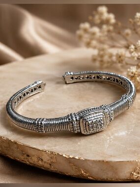 Judith Ripka Sterling Silver CZ Cable Cuff Bracelet